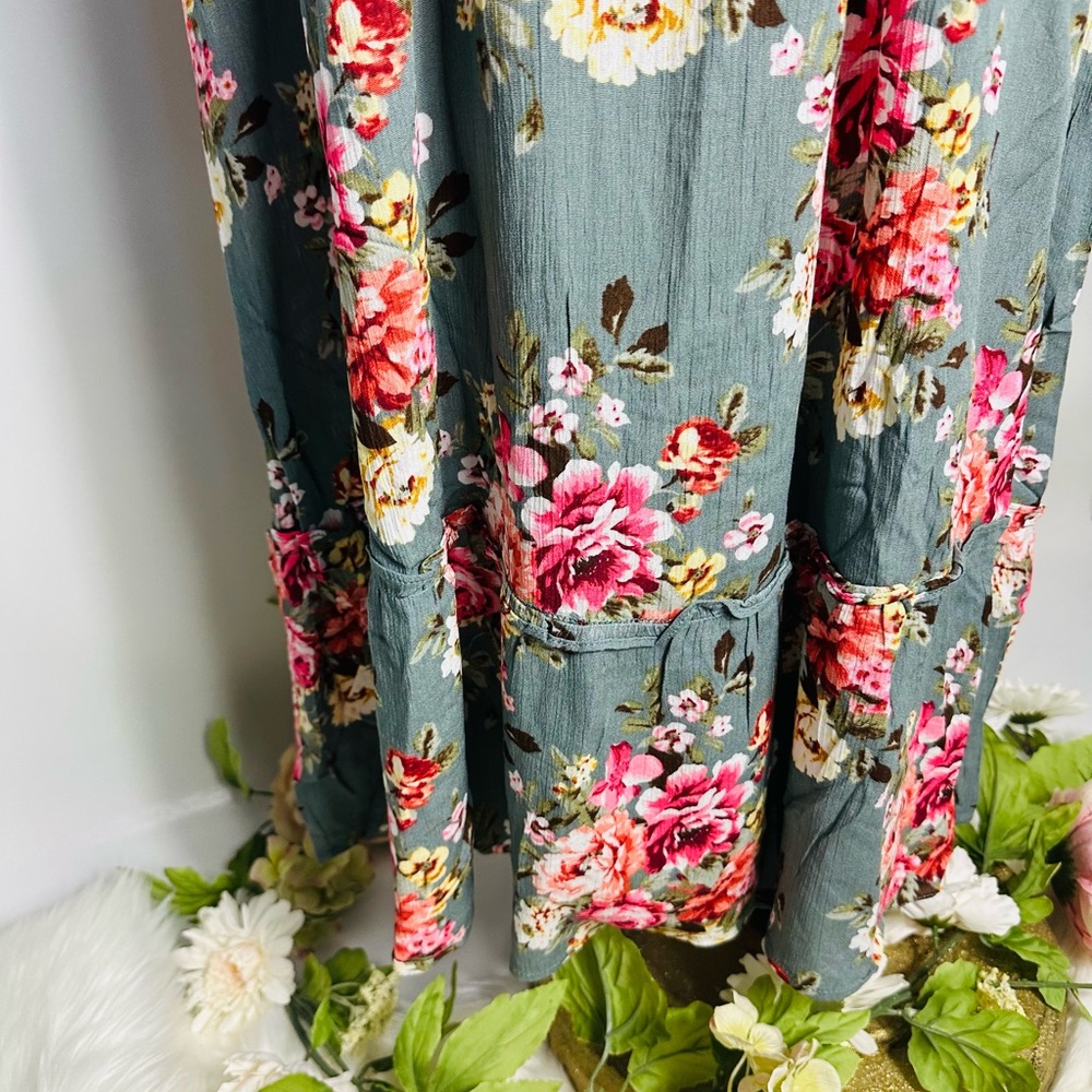 Floral Tie-Neck Maxi Dress - Dusty Teal - Picture 6 of 6